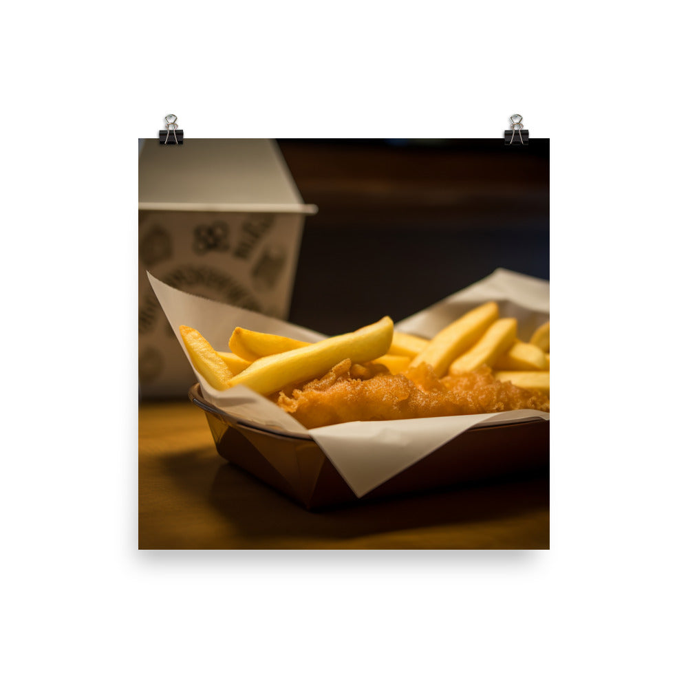A piping hot serving of fish and chips photo paper poster - Posterfy.AI