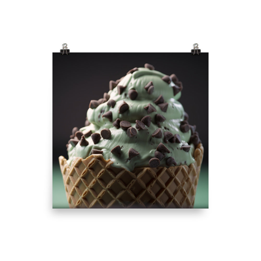 Mint Chocolate Chip Soft Serve Waffle Cone photo paper poster - Posterfy.AI