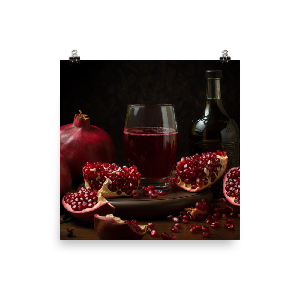 Pomegranate halves and a glass of juice photo paper poster - Posterfy.AI