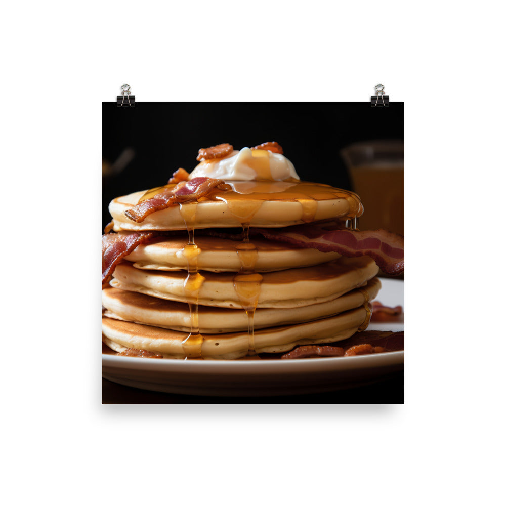 Pancakes and Waffles with Bacon and Eggs photo paper poster - Posterfy.AI