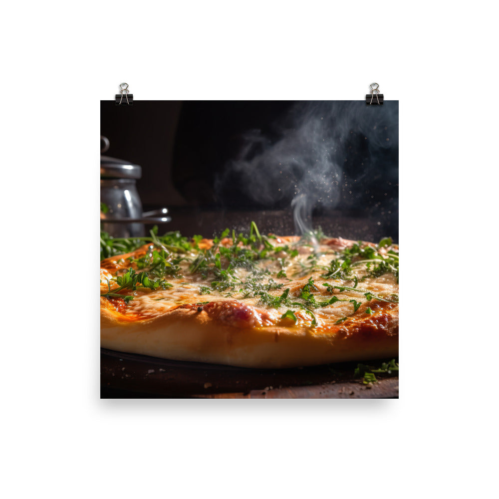 Pizza topped with melted Parmesan cheese photo paper poster - Posterfy.AI