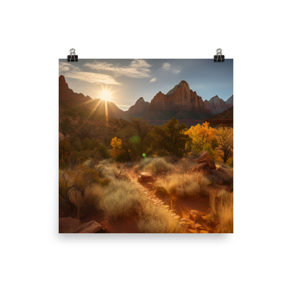 Witness the Suns Warm Embrace Over Zion photo paper poster - Posterfy.AI