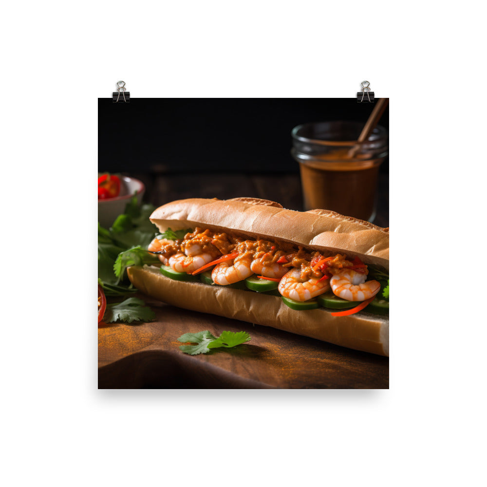 Spicy Banh Mi with Grilled Shrimp and Sriracha Mayo photo paper poster - Posterfy.AI