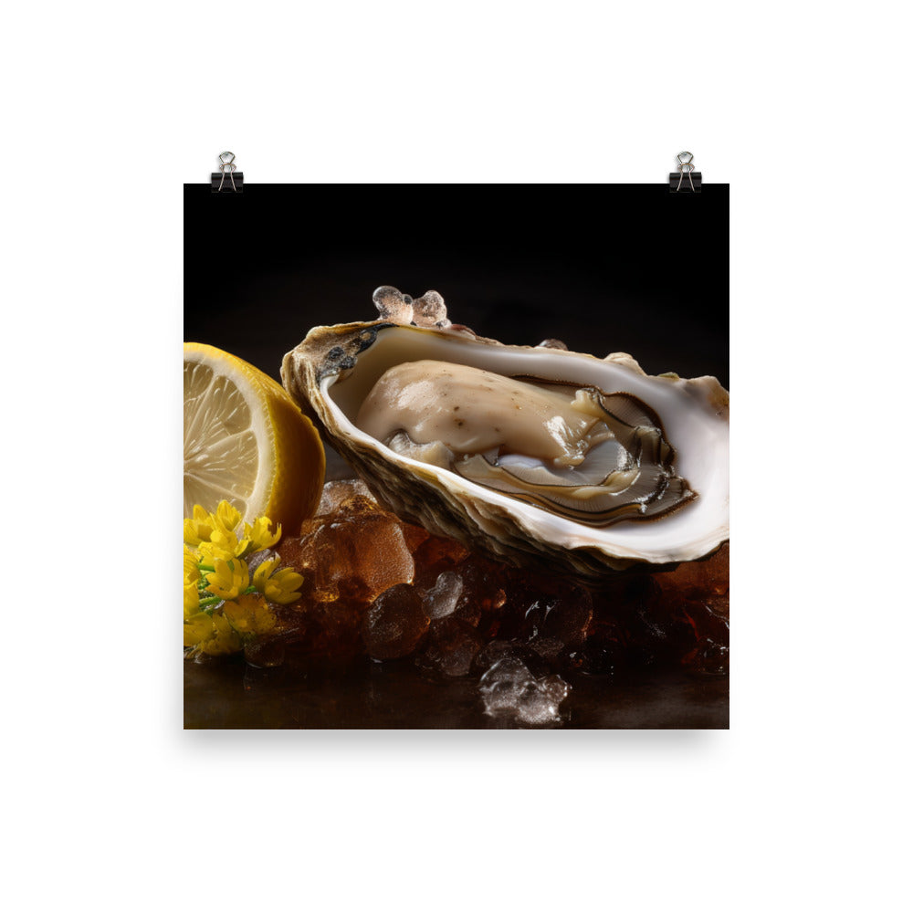 Succulent Belon oyster with lemon wedge photo paper poster - Posterfy.AI