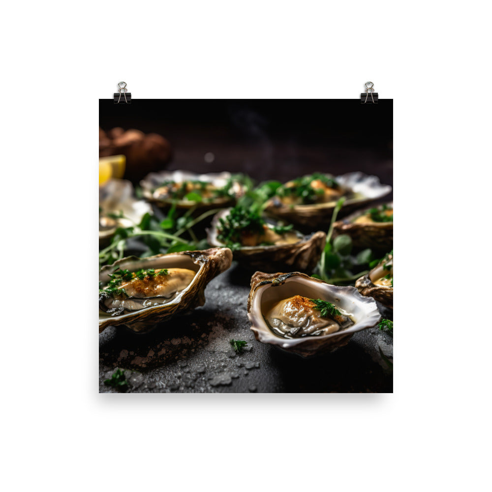 Grilled Olympia Oysters with Herb Butter photo paper poster - Posterfy.AI