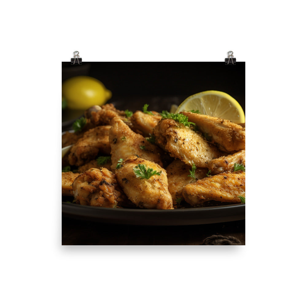 Zesty Lemon Pepper Chicken Wings on a Platter photo paper poster - Posterfy.AI