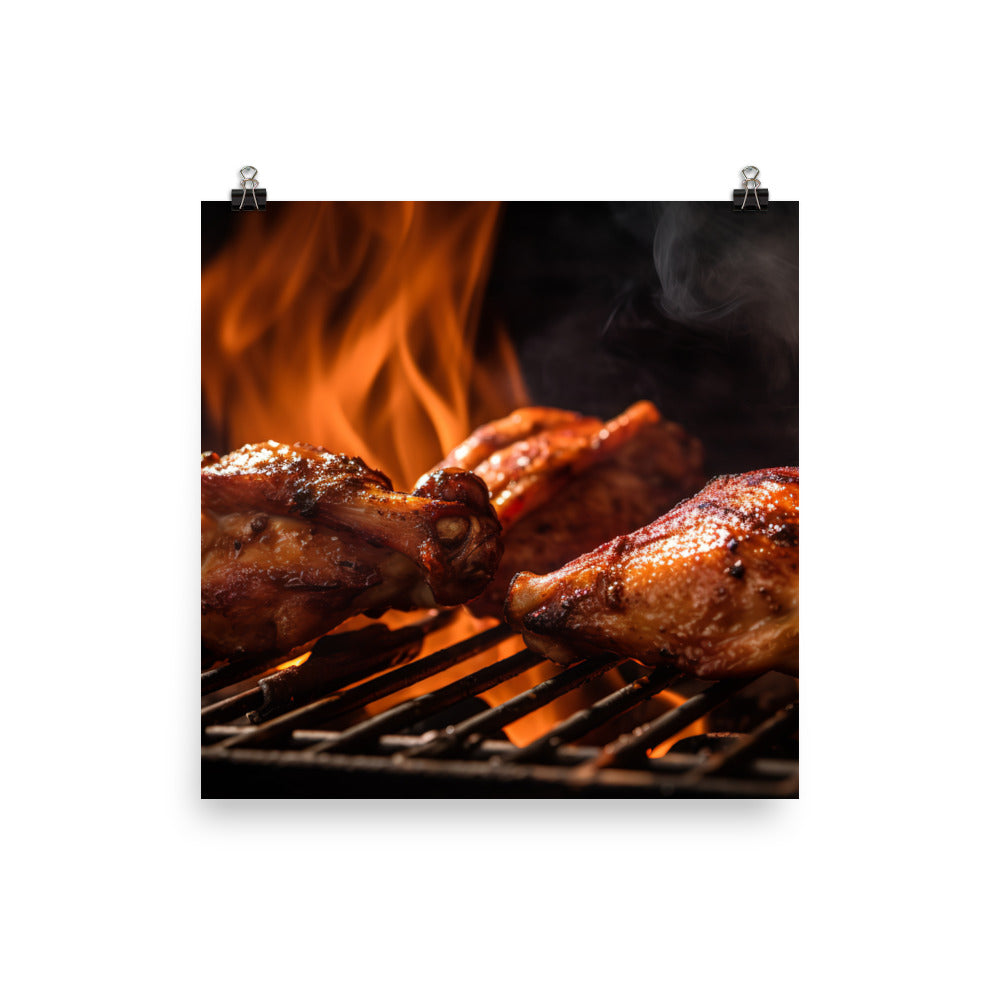 Smoky BBQ Chicken Wings on a Grill photo paper poster - Posterfy.AI