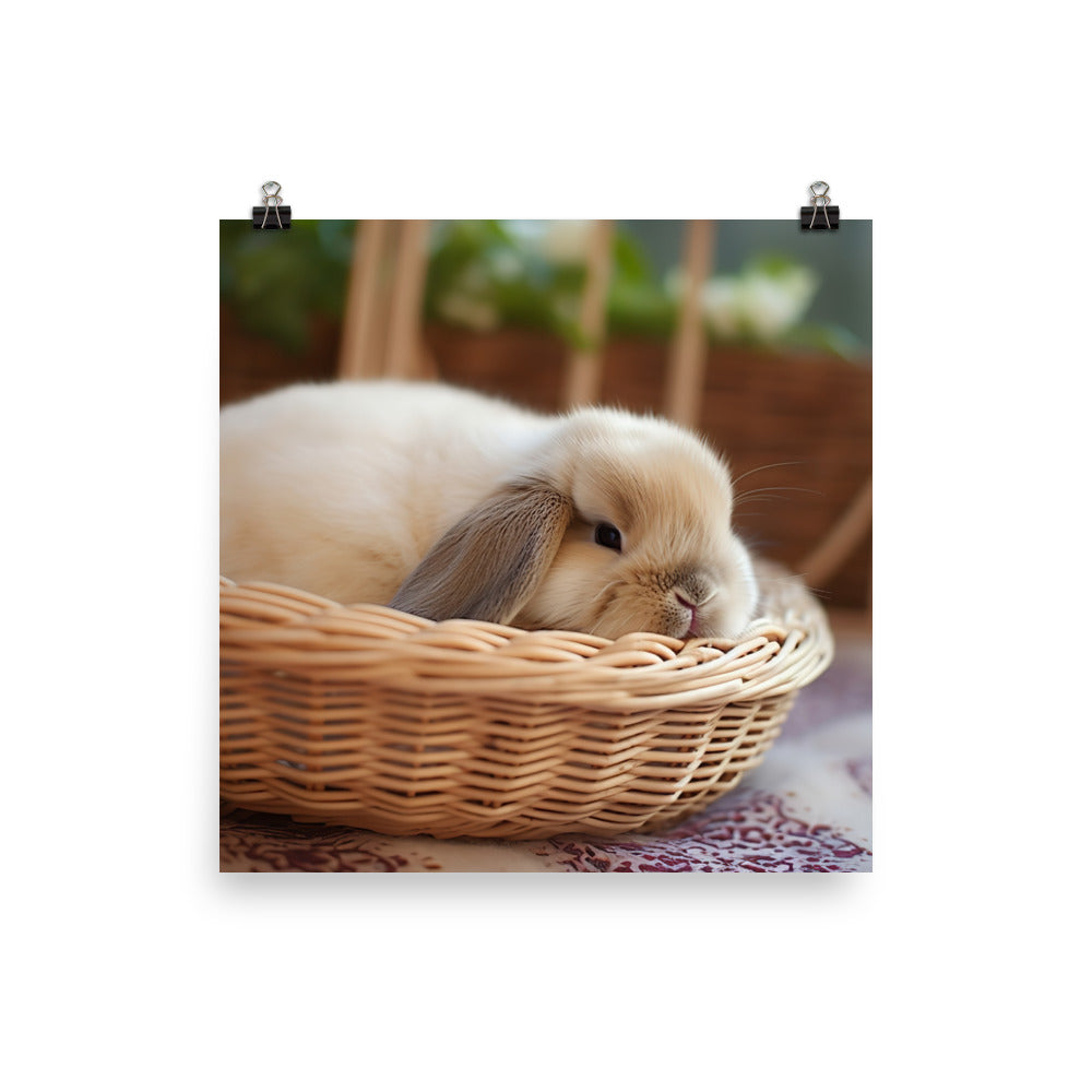 Mini Lop Bunny in a Wicker Basket Photo paper poster - PosterfyAI.com