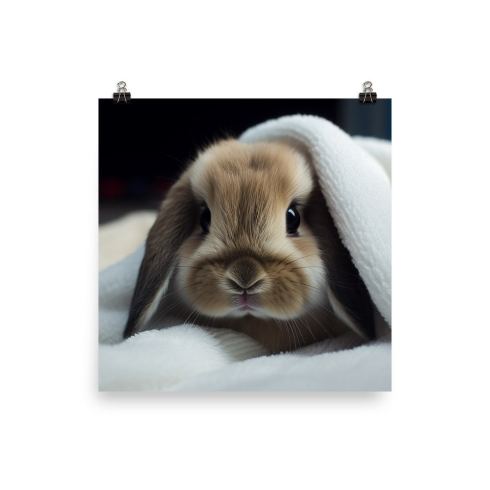 Mini Lop Bunny in a Cozy Blanket Photo paper poster - PosterfyAI.com