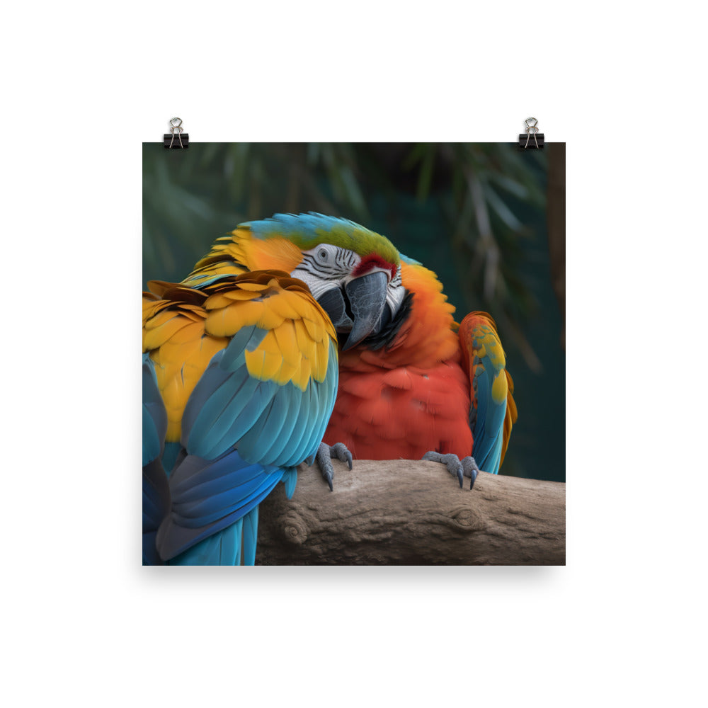 Two Macaws cuddling on a tree branch Photo paper poster - PosterfyAI.com
