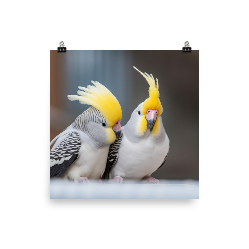 Cute and Curious Cockatiels Photo paper poster - PosterfyAI.com