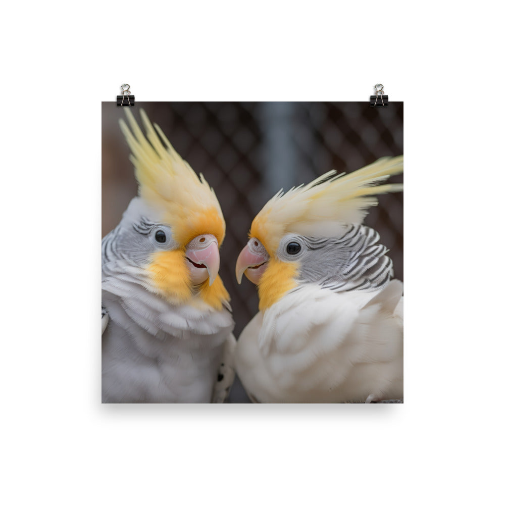 Cute and Curious Cockatiels Photo paper poster - PosterfyAI.com