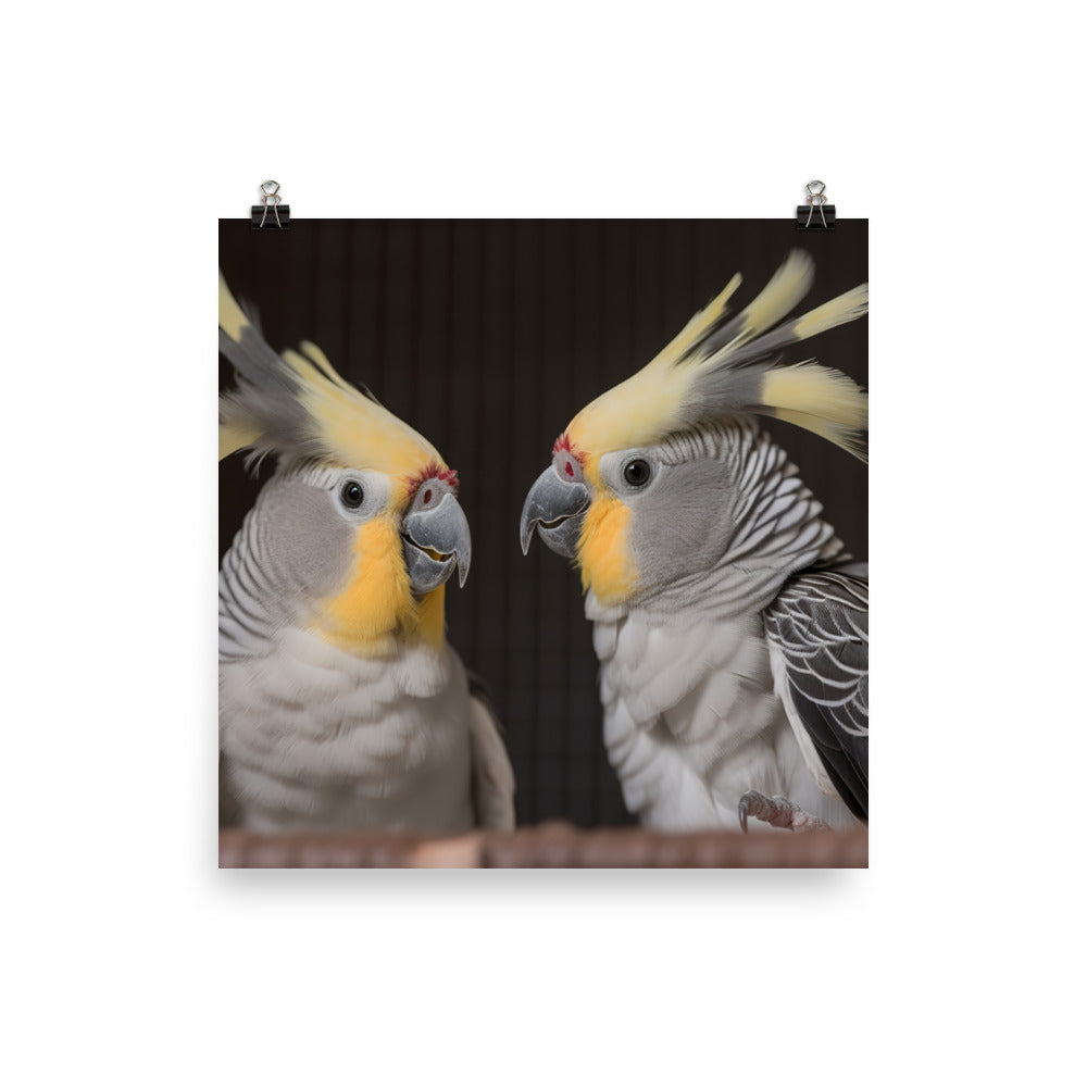 Cute and Curious Cockatiels Photo paper poster - PosterfyAI.com