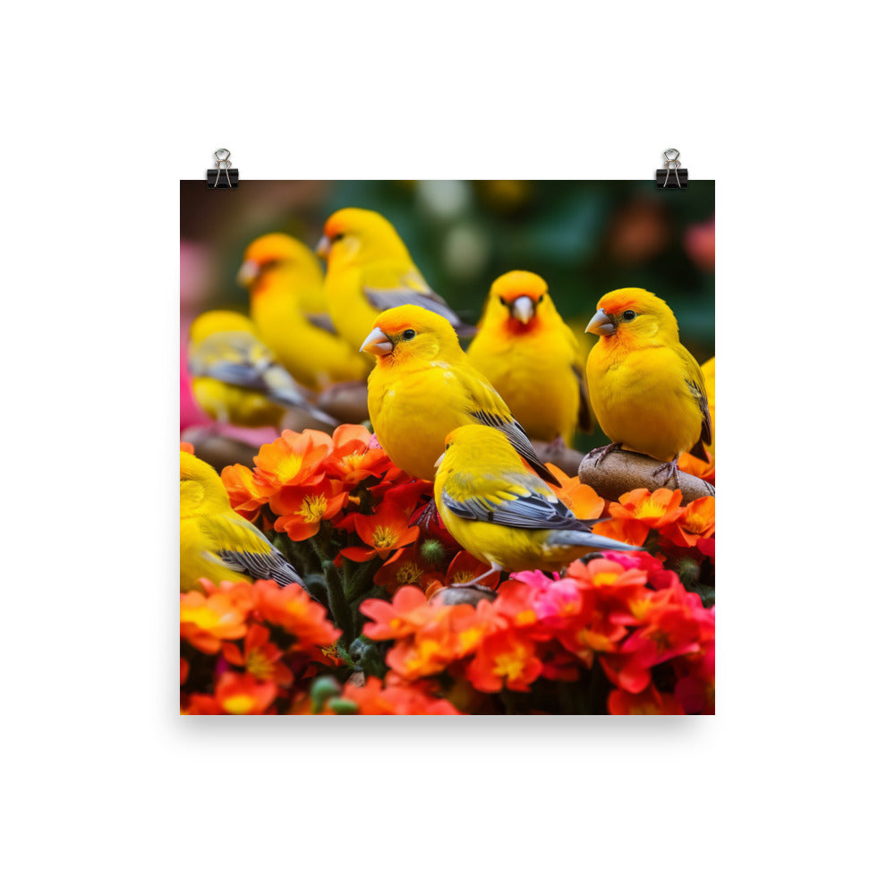 Colorful canaries in a blooming garden Photo paper poster - PosterfyAI.com