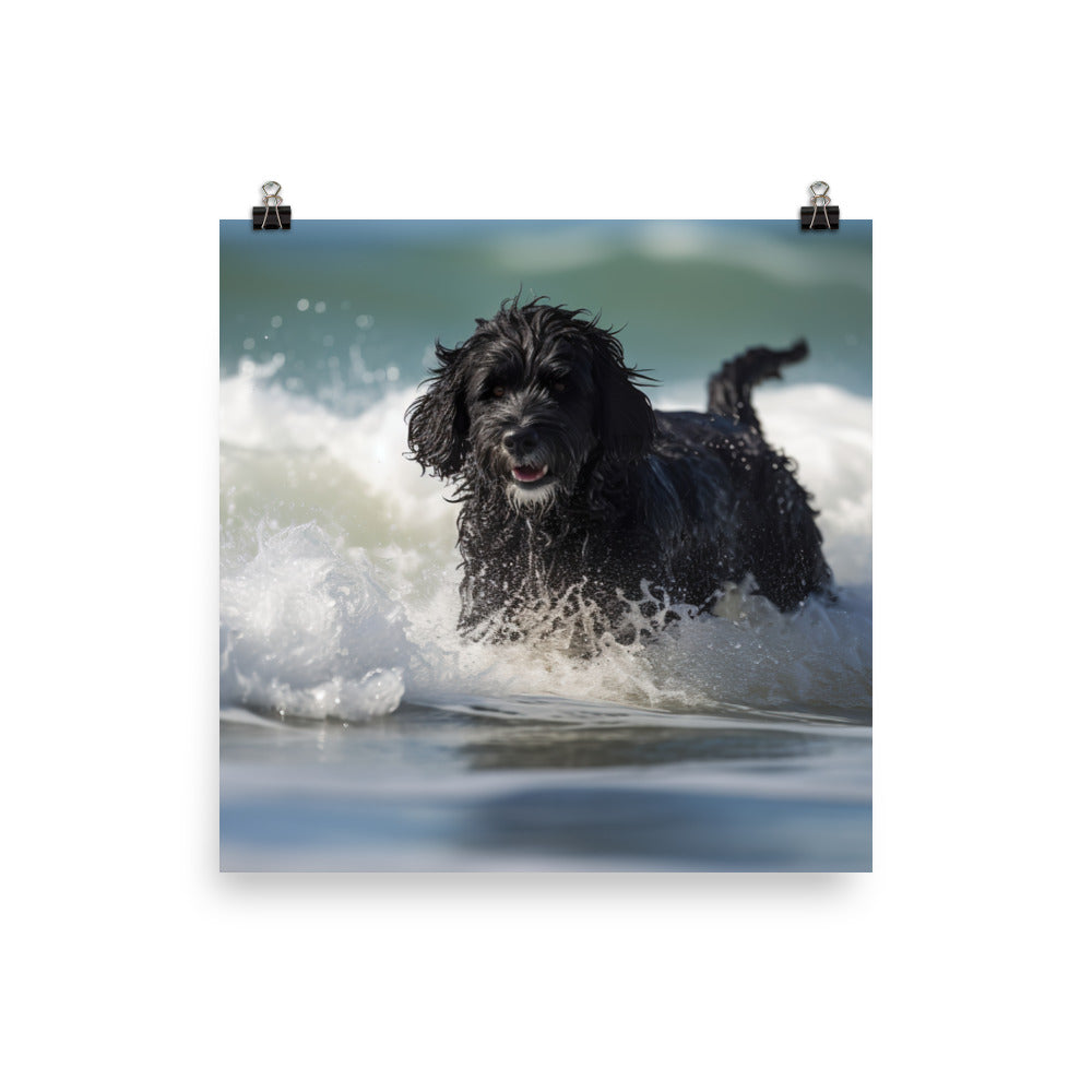 Waves with a Portuguese Water Dog Photo paper poster - PosterfyAI.com