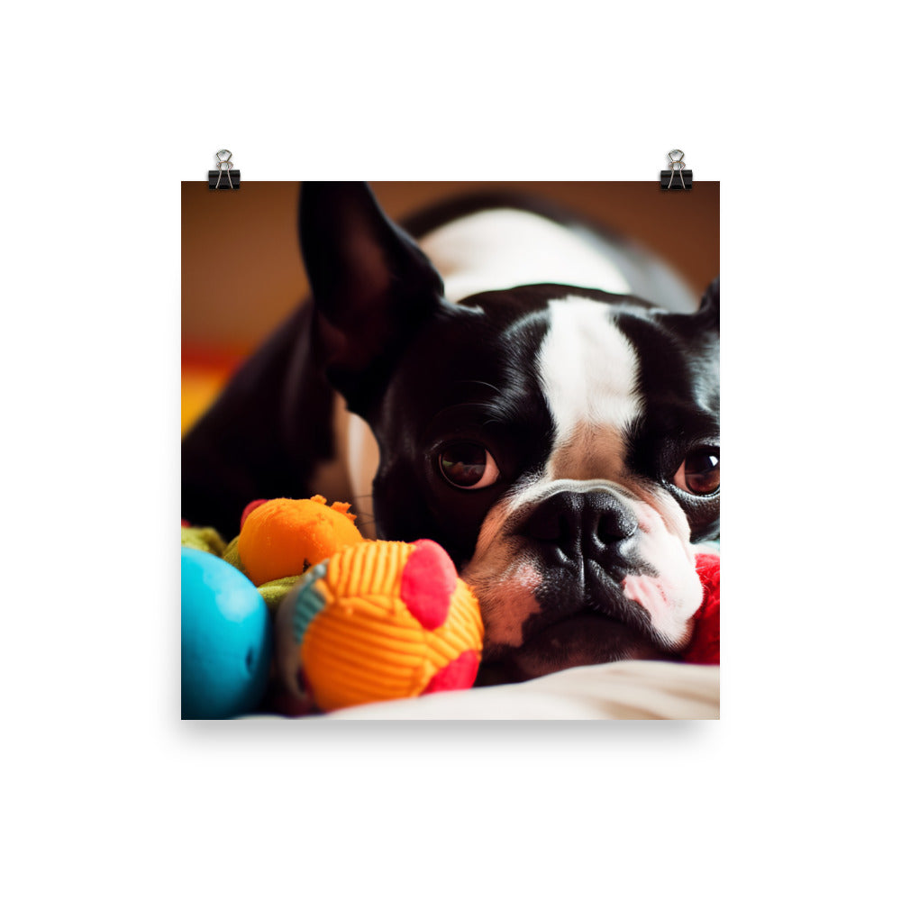 Happy Boston Terrier with Toys Photo paper poster - PosterfyAI.com