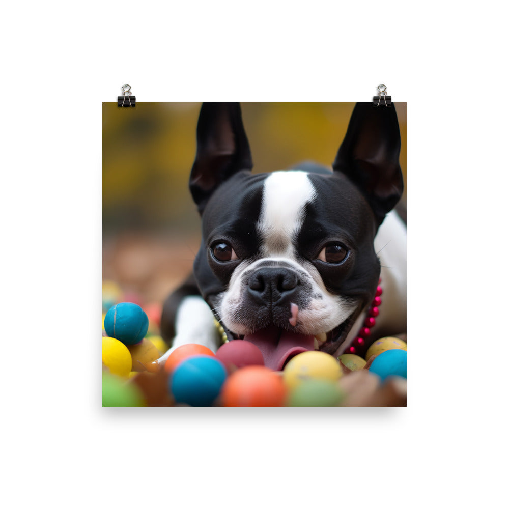 Happy Boston Terrier with Toys Photo paper poster - PosterfyAI.com