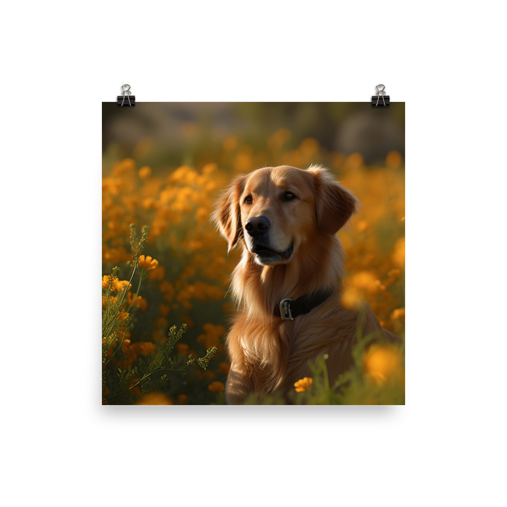 Golden Retriever in a Field of Flowers Photo paper poster - PosterfyAI.com
