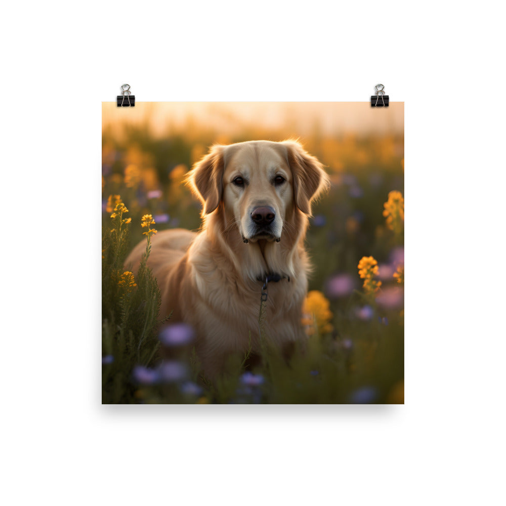 Golden Retriever in a Field of Flowers Photo paper poster - PosterfyAI.com