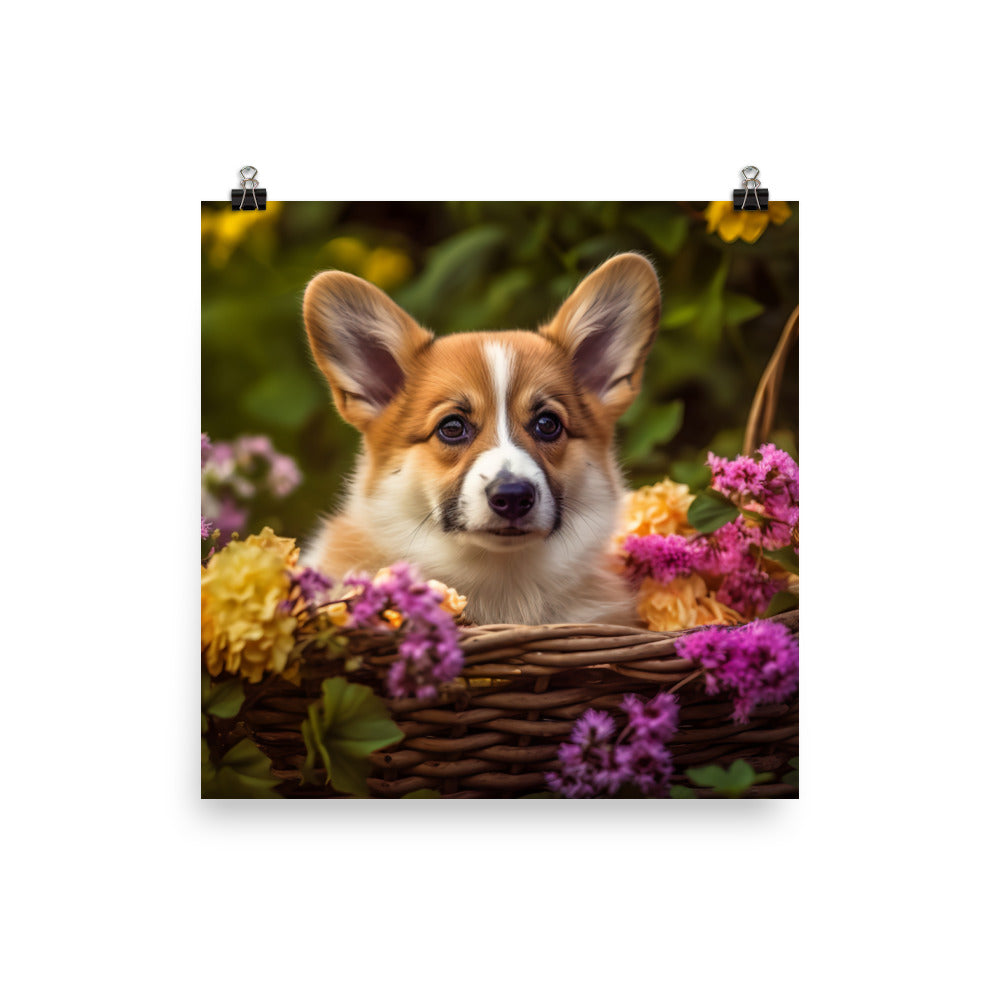 Welsh Corgi Puppy in a Basket photo paper poster - Posterfy.AI