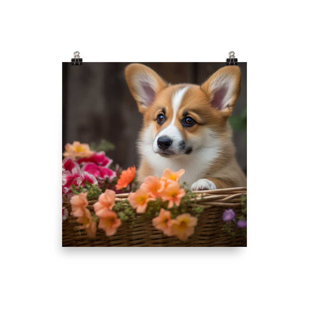 Welsh Corgi Puppy in a Basket photo paper poster - Posterfy.AI