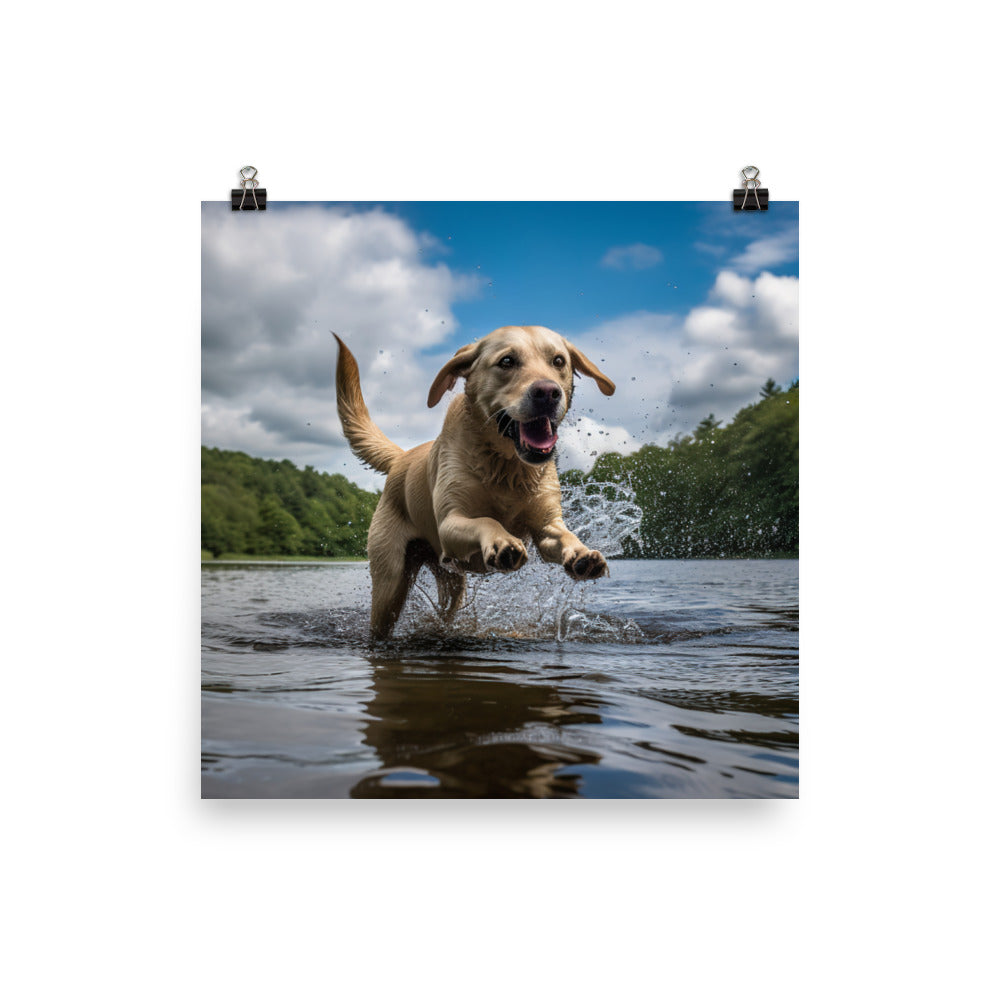 A Labrador Retriever jumping into a lake Photo paper poster - PosterfyAI.com