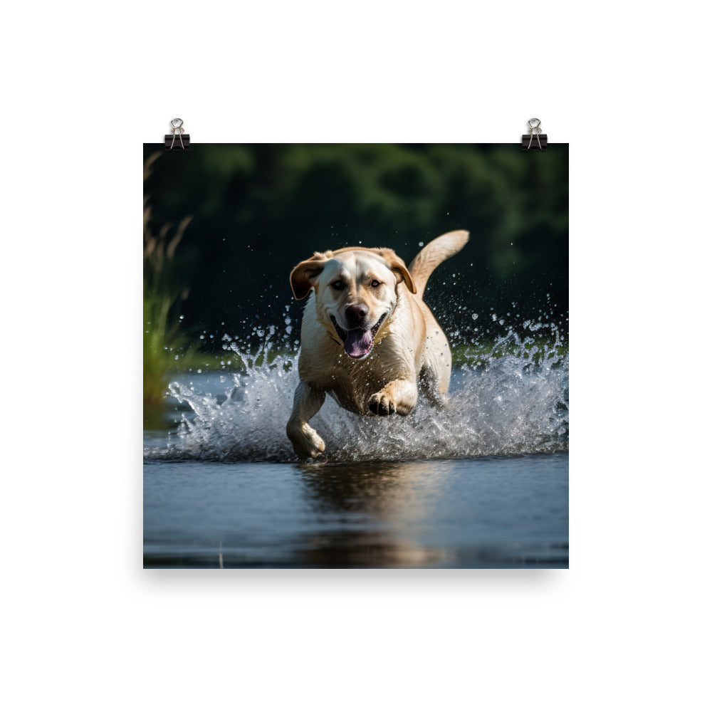 A Labrador Retriever jumping into a lake Photo paper poster - PosterfyAI.com