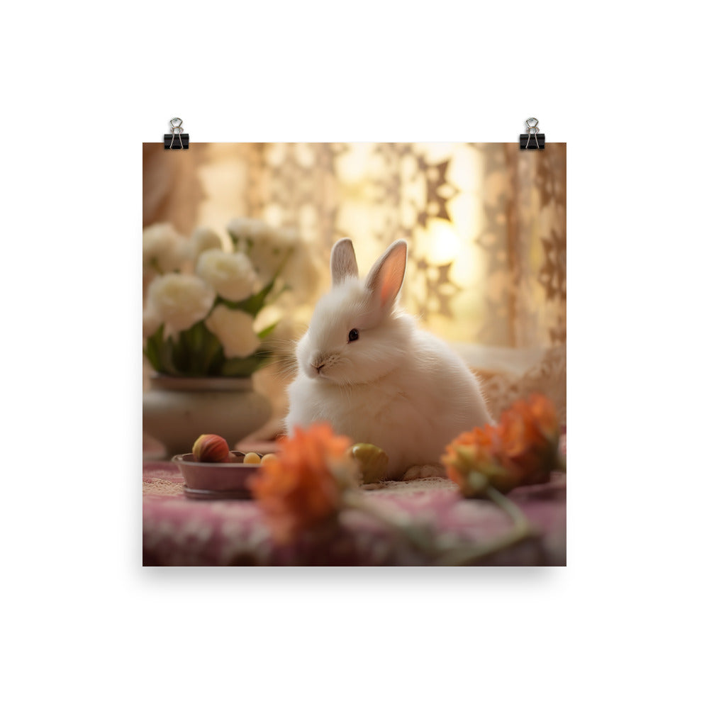 Dwarf Hotot Bunny in a Cozy Setting Photo paper poster - PosterfyAI.com