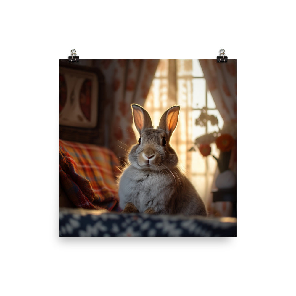 Harlequin Bunny in a Cozy Setting Photo paper poster - PosterfyAI.com