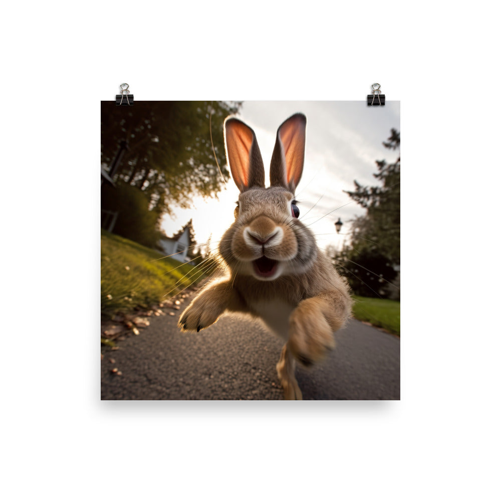 Flemish Giant Bunny Enjoying a Playful Hop Photo paper poster - PosterfyAI.com
