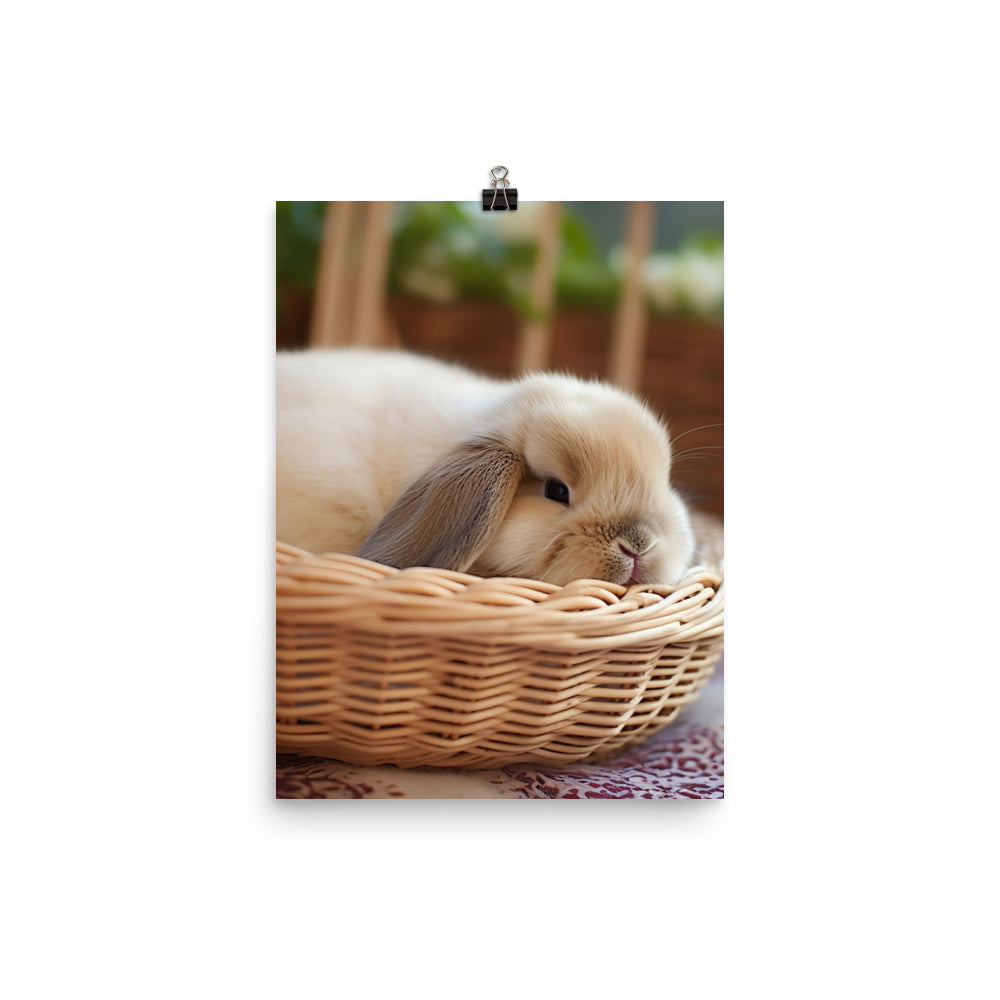 Mini Lop Bunny in a Wicker Basket Photo paper poster - PosterfyAI.com