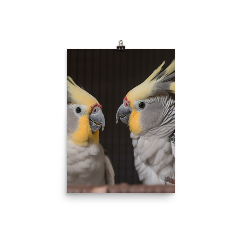 Cute and Curious Cockatiels Photo paper poster - PosterfyAI.com