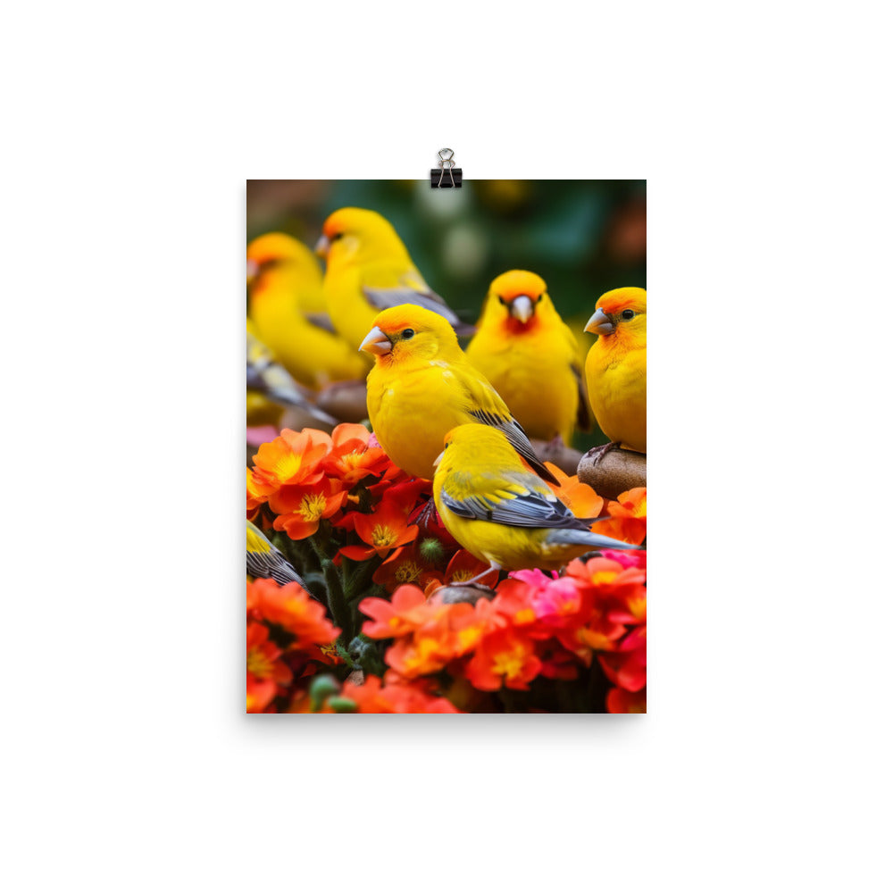 Colorful canaries in a blooming garden Photo paper poster - PosterfyAI.com