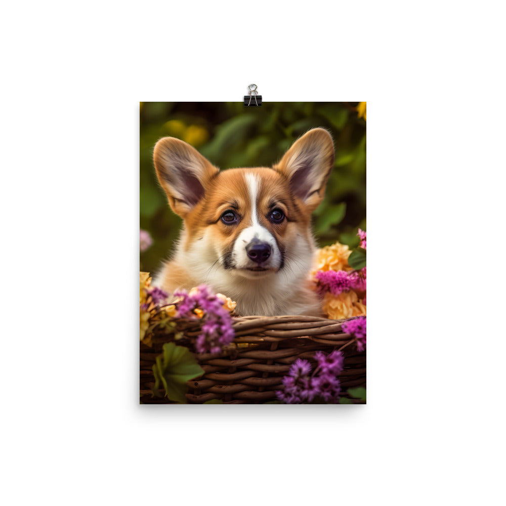 Welsh Corgi Puppy in a Basket Photo paper poster - PosterfyAI.com