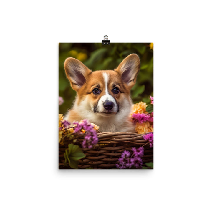 Welsh Corgi Puppy in a Basket Photo paper poster - PosterfyAI.com
