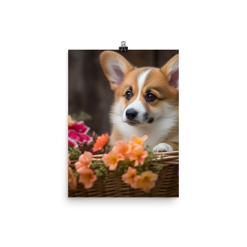 Welsh Corgi Puppy in a Basket Photo paper poster - PosterfyAI.com