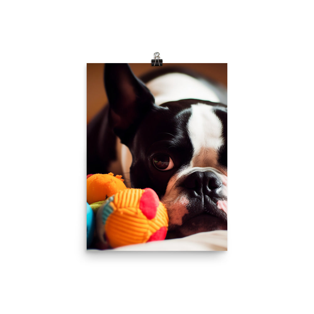 Happy Boston Terrier with Toys Photo paper poster - PosterfyAI.com