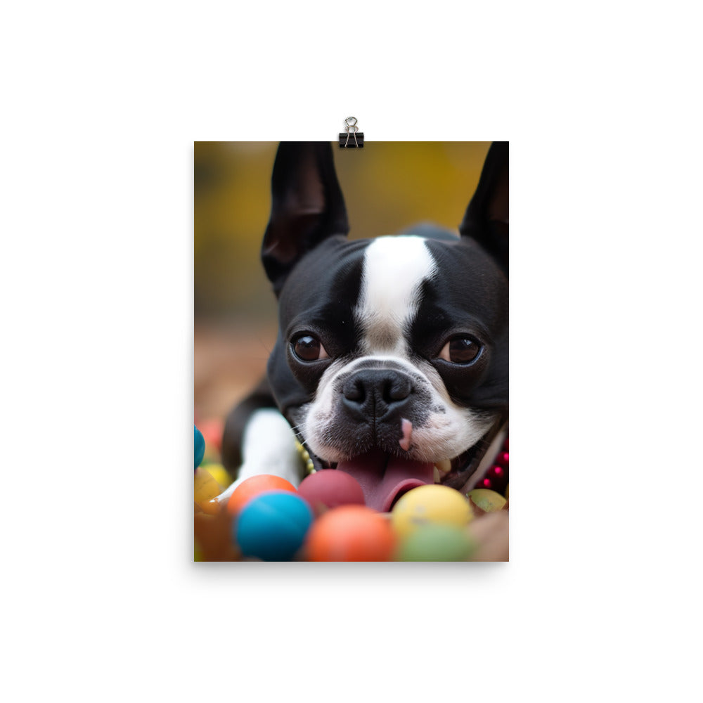 Happy Boston Terrier with Toys Photo paper poster - PosterfyAI.com