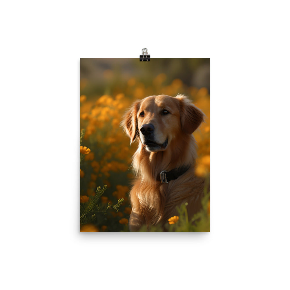 Golden Retriever in a Field of Flowers Photo paper poster - PosterfyAI.com