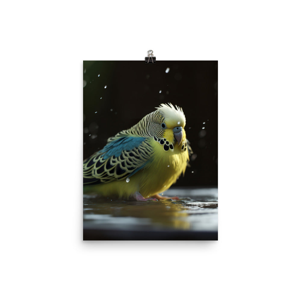 Budgie Taking a Bath Photo paper poster - PosterfyAI.com
