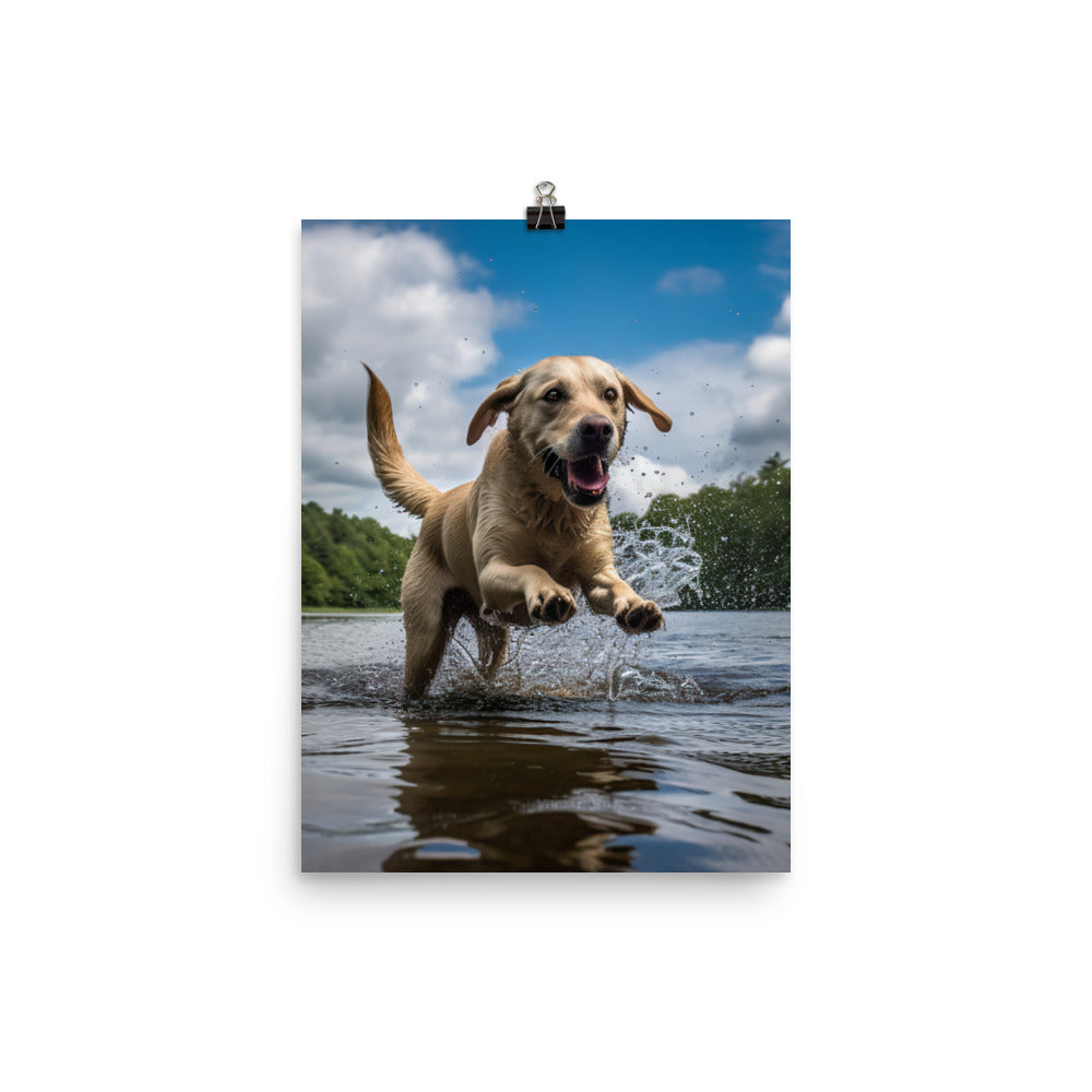 A Labrador Retriever jumping into a lake Photo paper poster - PosterfyAI.com