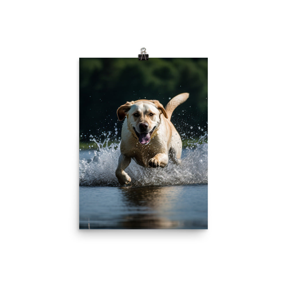 A Labrador Retriever jumping into a lake Photo paper poster - PosterfyAI.com