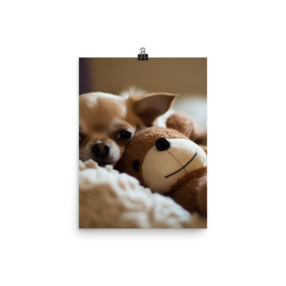 A Chihuahua snuggled up with a plush toy Photo paper poster - PosterfyAI.com
