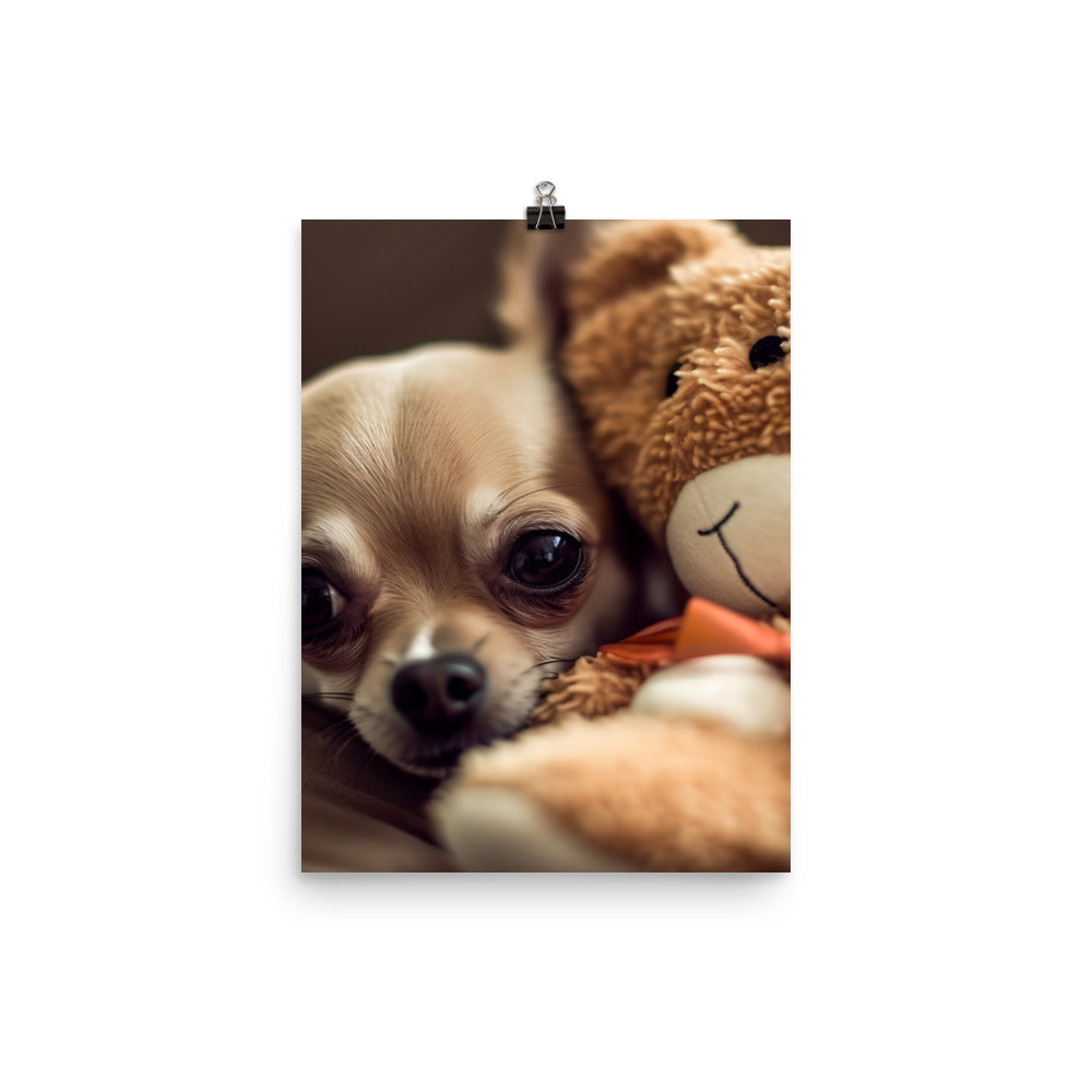 A Chihuahua snuggled up with a plush toy Photo paper poster - PosterfyAI.com
