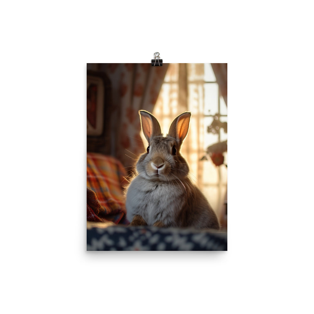 Harlequin Bunny in a Cozy Setting Photo paper poster - PosterfyAI.com