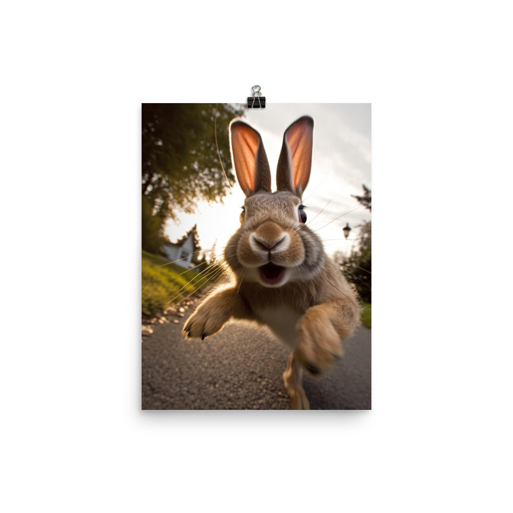 Flemish Giant Bunny Enjoying a Playful Hop Photo paper poster - PosterfyAI.com