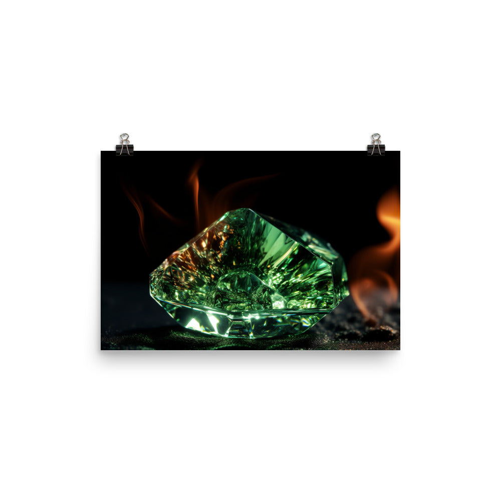 A green diamond with intense fire photo paper poster - Posterfy.AI