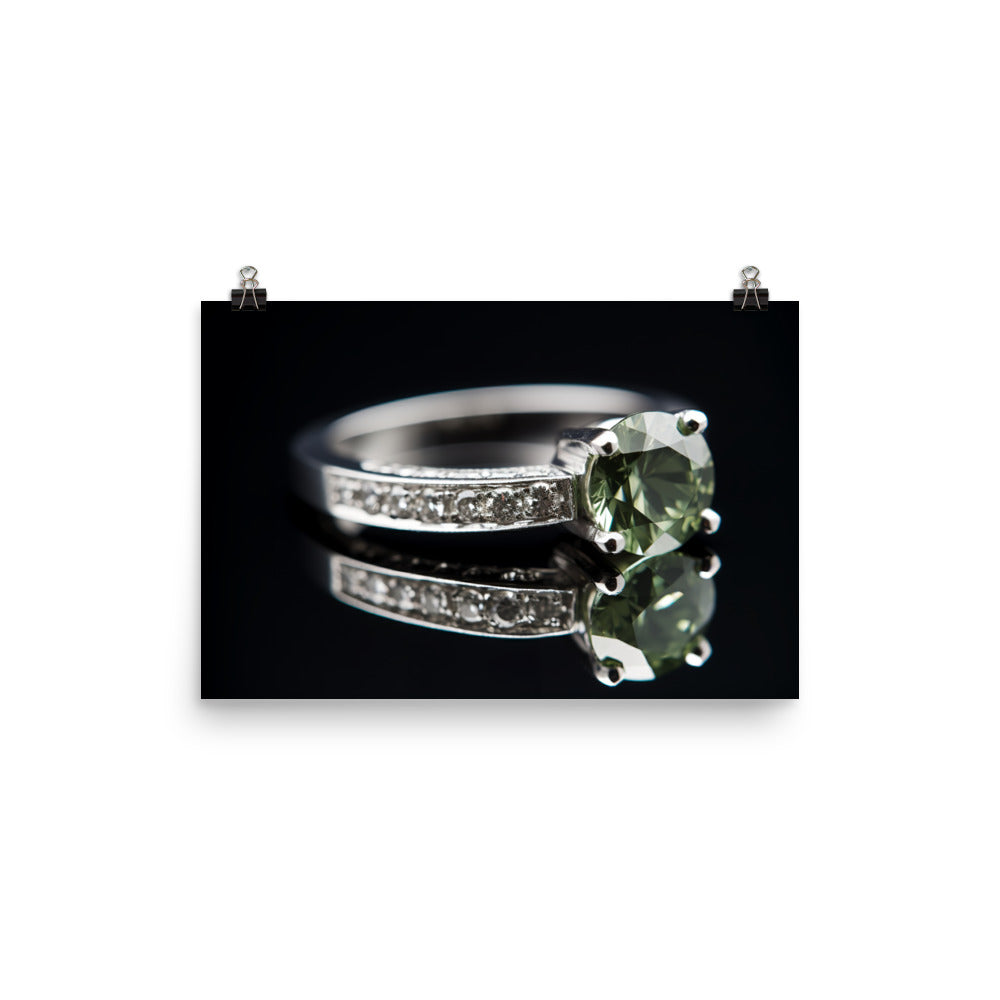 A green diamond mounted on a white gold band photo paper poster - Posterfy.AI