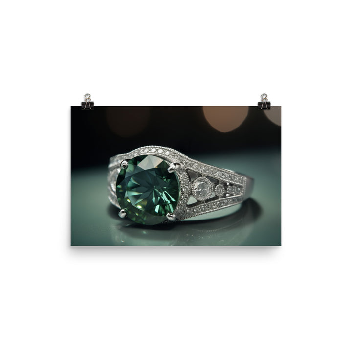 A green diamond mounted on a white gold band photo paper poster - Posterfy.AI