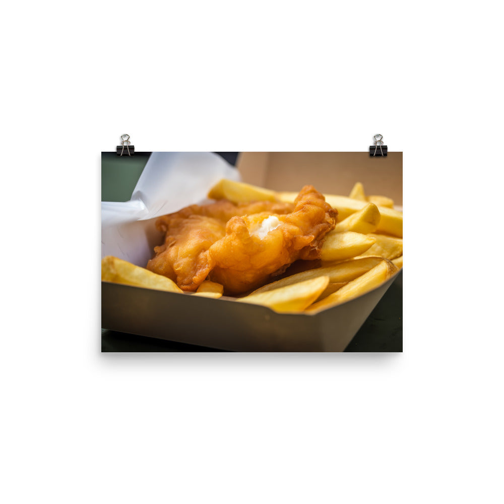 A piping hot serving of fish and chips photo paper poster - Posterfy.AI